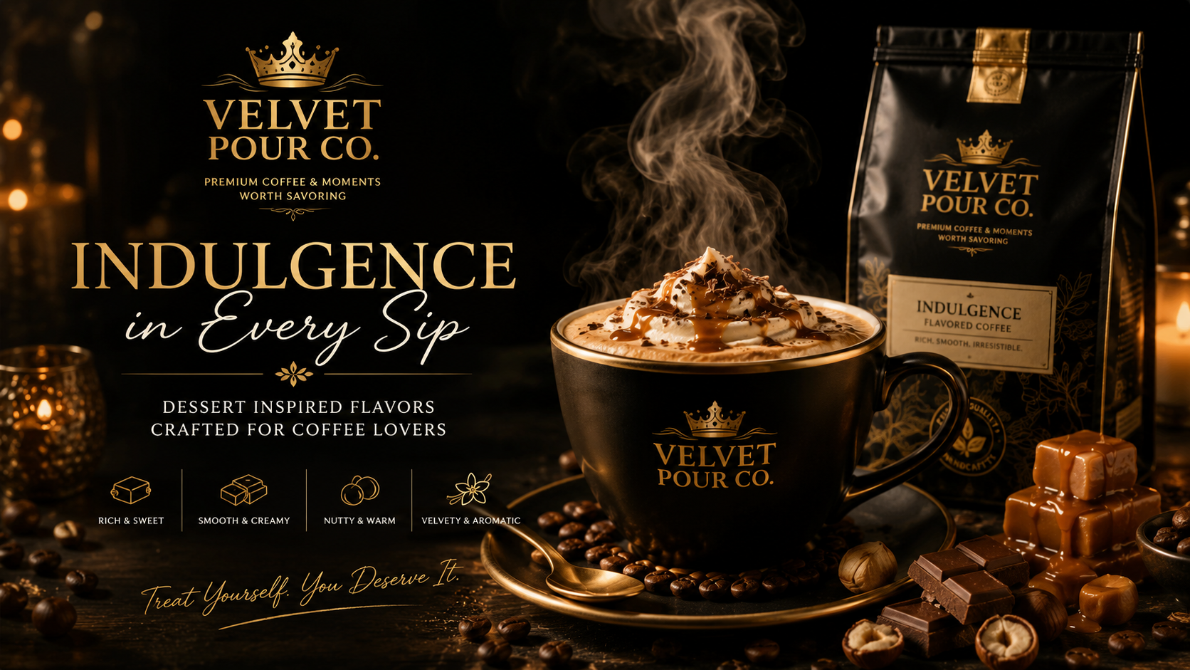 Load video: Velvet Pour Co. flavored coffee experience featuring rich dessert-inspired blends, steaming coffee, caramel, chocolate, and hazelnut flavors.